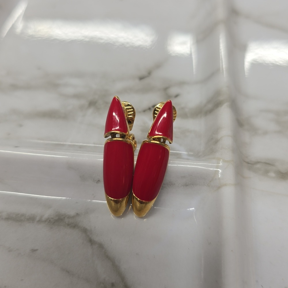 Vintage‎ Monet Gold Tone Red Enamel Lipstick Clip On Earrings Women's Jewelry